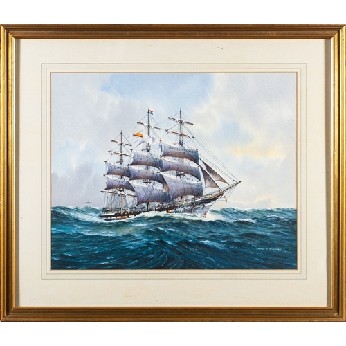 129 - George P. Wiseman (Scottish 1906 - 1986) - A three-master clipper on choppy seas - Gouache and water... 