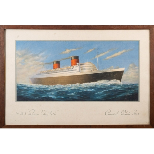 138 - Five colour prints of liners: RMS Queen Elizabeth, Cunard White Star RMS Soronia, Cunard Line RMS Qu... 