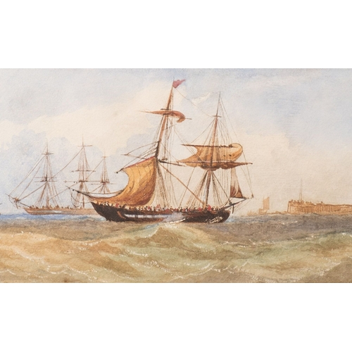 142 - 19th Century School Ships in choppy waters, port in the distance Watercolour 15 x 25cm