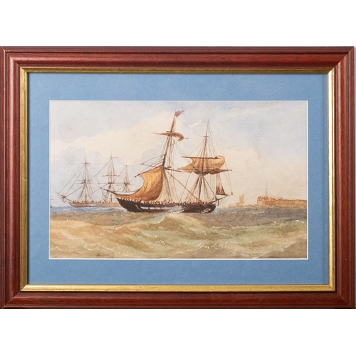 142 - 19th Century School Ships in choppy waters, port in the distance Watercolour 15 x 25cm