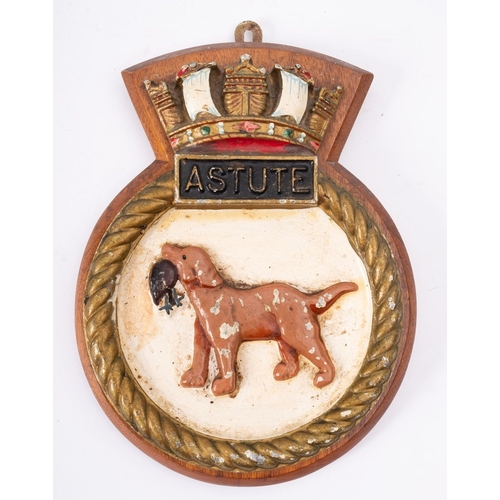 151 - A wardroom badge for HMS Astute on wooden plinth: 25.5cm high