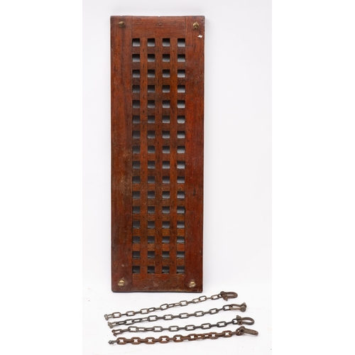 160 - A rectangular teak deck grate: with brass suspension loops and a bag of chain, 37.5 x 112cm