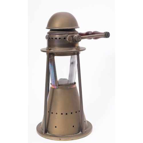 180 - A brass circular hand lantern, maker Bulpitt & Sons,  wooden swing handle over domed chimney and cle... 