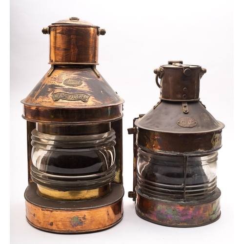 189 - A copper and brass ship's lamp, maker W Harvie, Glasgow, No. 34307', with clear glass lens and origi... 