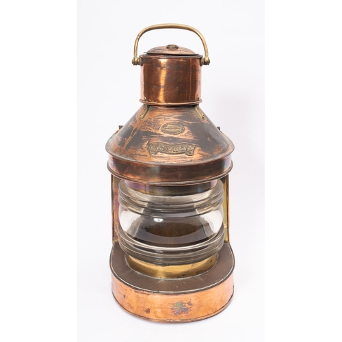 189 - A copper and brass ship's lamp, maker W Harvie, Glasgow, No. 34307', with clear glass lens and origi... 