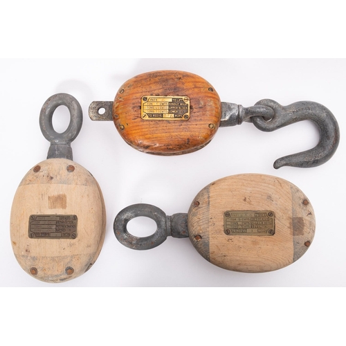 190 - Three single whip blocks, each with brass plate to cheek (3)