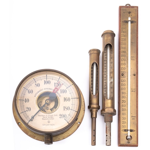 198 - Two brass cased boiler thermometers, both unsigned, together with an 'Automatic Sprinkler Gauge', ma... 