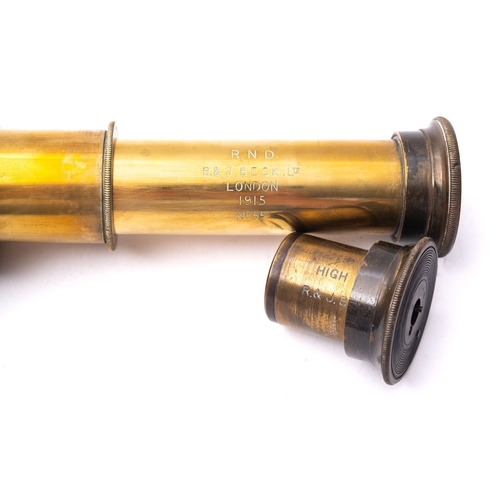 262 - A WWI period leather cased three draw telescope, maker R & J Beck Ltd, London, signed as per title a... 