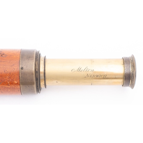 265 - A 19th century mahogany and brass three draw telescope,maker Molton, Norwich,