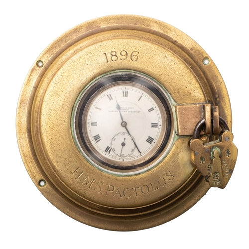 272 - HMS 'Pactolus' A brass deck watch case,  the circular brass case  dated '1896' and  inscribed 'HMS '... 