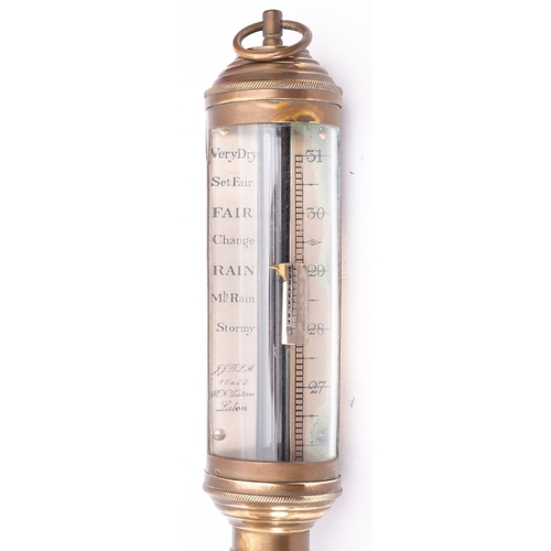 280 - A reproduction brass ship's stick barometer with brass wall mount, 95cm high