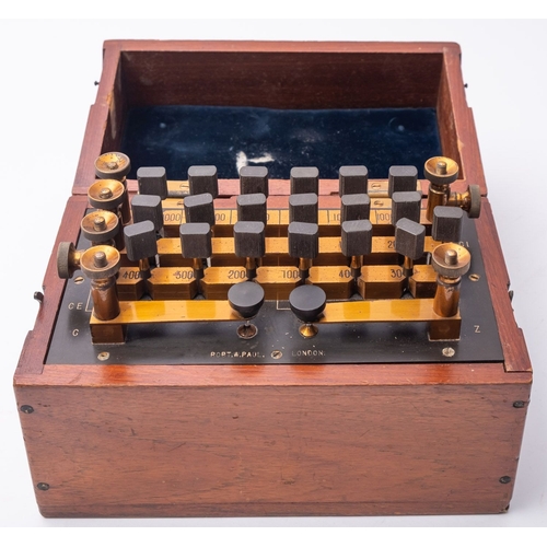 286 - A mahogany cased resistance box, maker 'Robert W Hall, London', the lacquered brass terminals with e... 