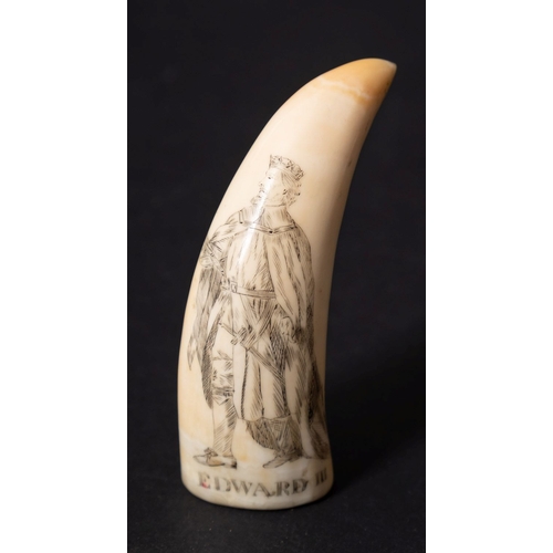 298A - A Scrimshaw decorated tooth with incised image of Edward III and Royal Coat of Arms, 9 cm long