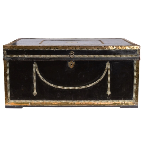 333 - A Regency period brass bound black leather trunk inscribed 'P Bingham',  with studded decoration, br... 