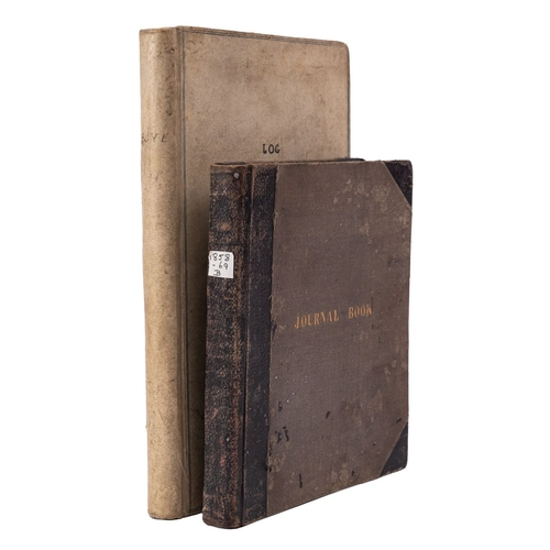 346 - A 19th century log book for HMS 'Orion' circa 1858 and another Royal Navy Journal book for HMS Rodne... 