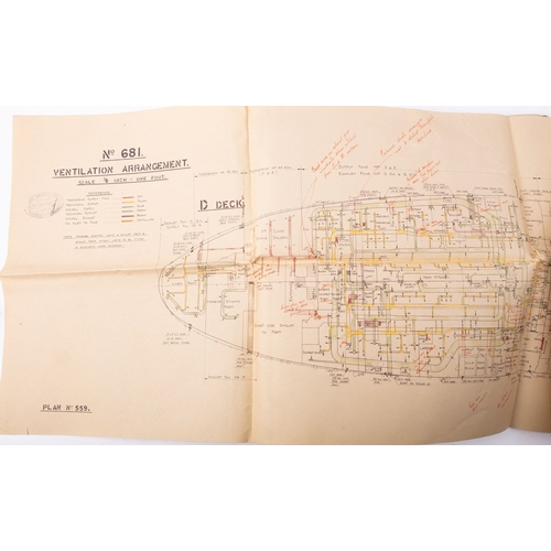 354 - A group of thirty-five blueprint plans for the Vickers Armstrong built ocean liner RMS 'Queen of Ber... 