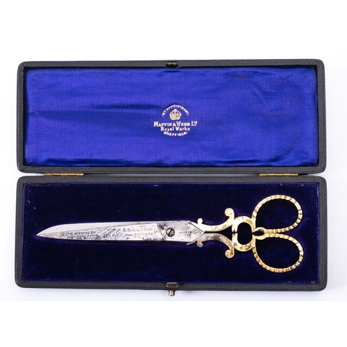 36 - A pair of launch scissors for the SS 'Galleon', maker Mappin & Webb , Sheffield, inscribed 'Presente... 