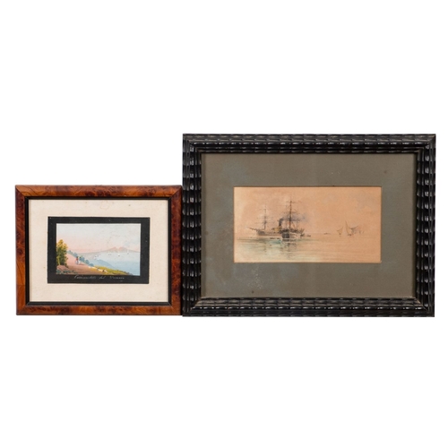 54 - An early 20th century watercolour of two moored steamships: with other shipping beyond, 8.7 x 16.5cm... 