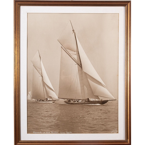 55 - Beken of Cowes. A group of three sepia photographs of J class racing yachts, circa 1920s: ' Shamrock... 
