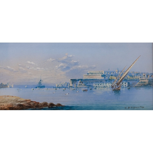 57 - Vincenzo D'Esposito (Maltese, 1866-1946) Port of Valletta, with rocks in the foreground Two gouaches... 