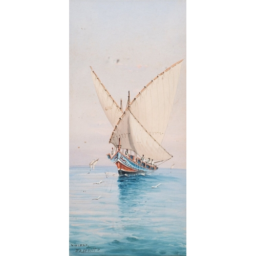 59 - Vincenzo D'Esposito (Maltese, 1866-1946) Maltese fishing boat in full sail Gouaches 21 x 10.5cm Sign... 