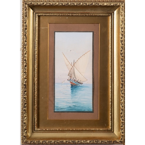 59 - Vincenzo D'Esposito (Maltese, 1866-1946) Maltese fishing boat in full sail Gouaches 21 x 10.5cm Sign... 