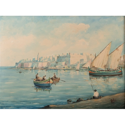64 - Albert Delia (Maltese, 1934-) View of Port Valletta, Malta Oil on canvas Signed lower right Inscribe... 