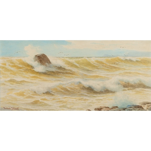 67 - Ernest Stuart (British, fl. circa 1889-1915) Waves breaking off a rocky shore signed lower left wate... 