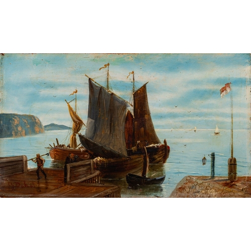 75 - Continental School, 19th Century Fishing  boats in port and fishing boats off shore Two oils on pane... 