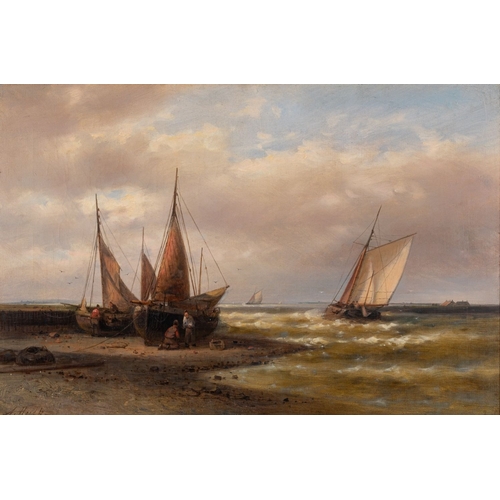81 - Abraham Hulk, Jr. (British, 1851-1922) Beached fishing boats with others at sea in the distance Oil ... 