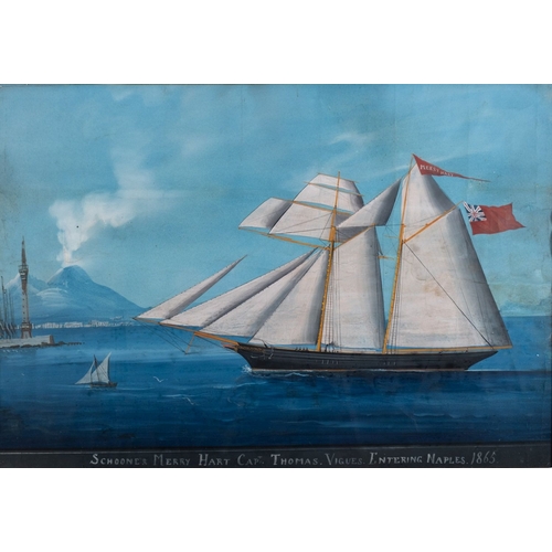 92 - Neapolitan School, 19th Century Schooner Merry Hart. Captain Thomas Vigues entering Naples. 1863 Gou... 