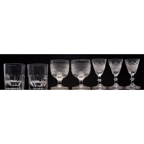 14 - A collection of miscellaneous drinking glasses including thirteen with hobnail cut bands; two plain ... 