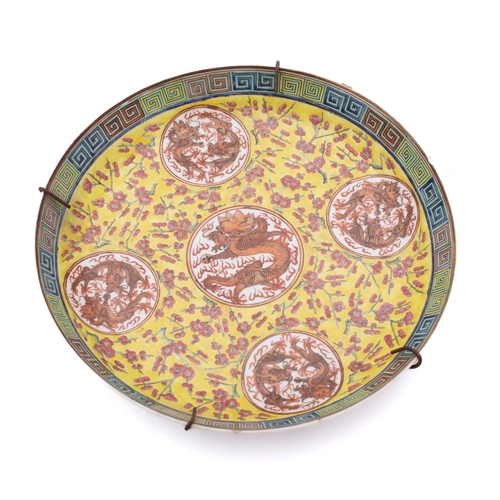 56 - A pair of Chinese yellow-ground famille rose dishes each painted with five dragon medallions on a ye... 