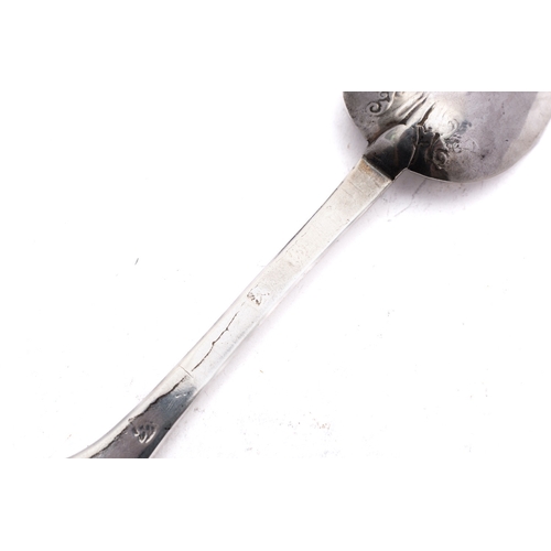 35 - A Queen Anne period silver Dog Nose pattern spoon, probably Exeter, marker's mark struck three times... 