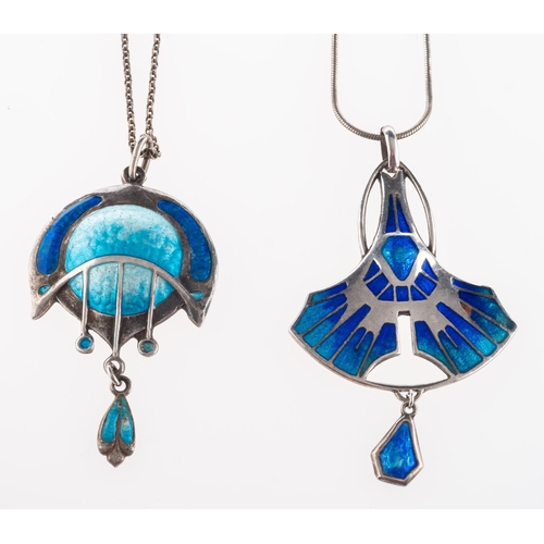 377 - A group of two Arts & Crafts silver and enamel pendants, a blue enamelled pendant by James Fenton, U... 