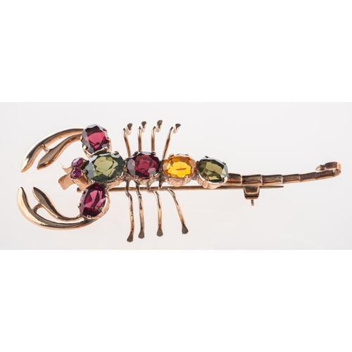 393 - A scorpion brooch, set with multi-coloured stones, unmarked & untested, length approx. 6.5cm, 8.2gra... 