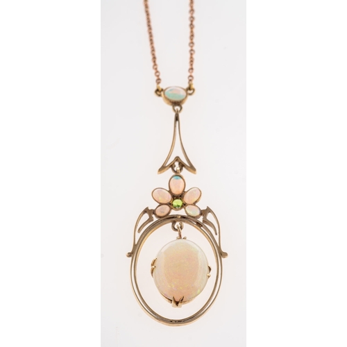 398 - An Edwardian opal necklace, of openwork Art Nouveau design and set with oval-cut opal cabochons and ... 