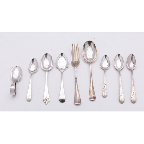 56 - A mixed group of silver flatware; including a pair of silver Brightcut tea spoons by Joseph Hicks, E... 