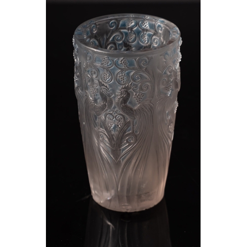 11 - A Lalique vase, Coq et Raisins, the blue stained exterior moulded with cockerels and fruiting vine, ... 