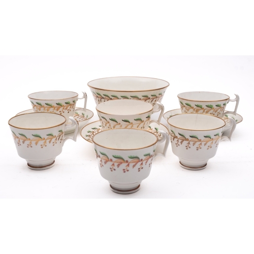 113 - A group of Swansea tea and coffee wares painted in pattern 251 with a band of green leaves above gil... 