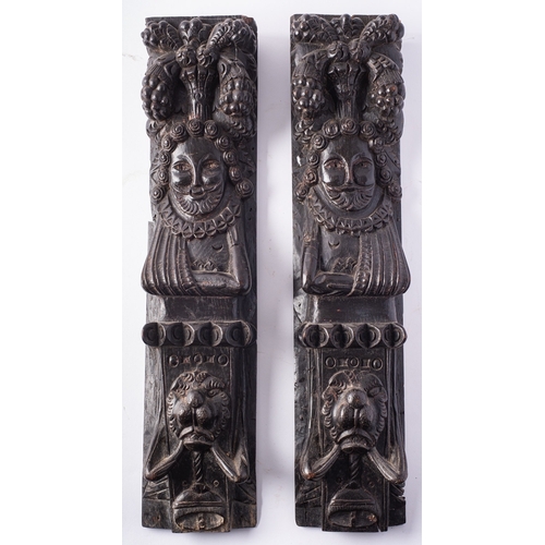 174 - A pair of Elizabethan carved oak herm figures, early 17th century; modelled as opposing, each relief... 