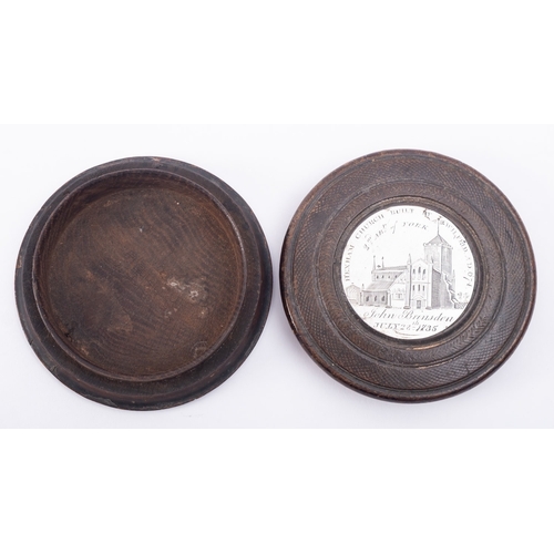 175 - A turned wood and white metal mounted snuff box, 18th century; with plaque to the cover inscribed He... 