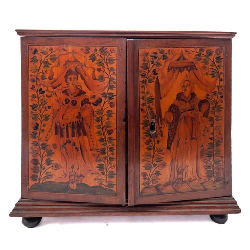 200 - A Dutch walnut and marquetry table cabinet, circa 1700;  the top with trailing foliage within a cart... 