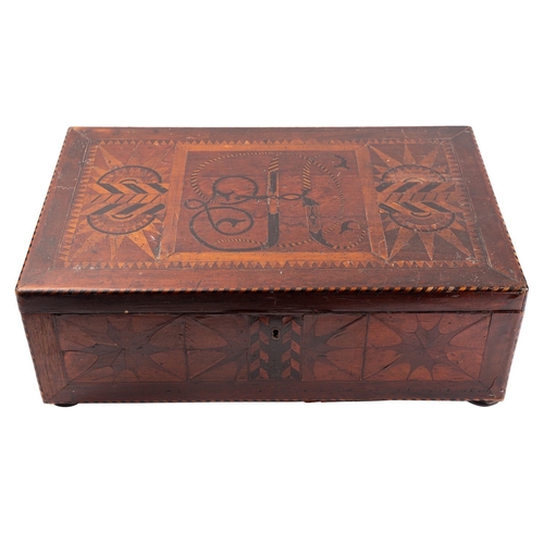 201 - A George III marquetry and parquetry worked mahogany tool box, late 18th century; the hinged cover w... 