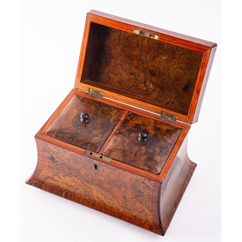 203 - A Regency burr walnut and crossbanded tea caddy, early 19th century; of waisted rectangular form, wi... 