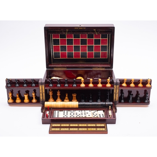 211 - A Victorian mahogany games compendium, late 19th century; the hinged cover opening to a fully fitted... 