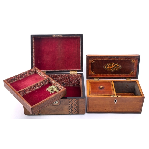 214 - A Victorian walnut and Tunbridgeware box, circa 1870; the domed cover inlaid with vacant mother-of-p... 