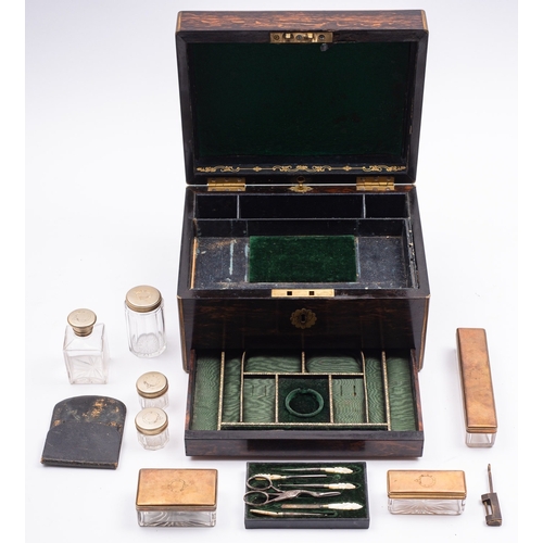 218 - A Victorian brass bound coromandel dressing case, mid 19th century; the fully  fitted interior with ... 