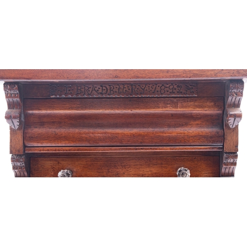 220 - A Victorian miniature mahogany chest of drawers, inscribed E.BRADBURY 1892, above an ogee moulded bl... 