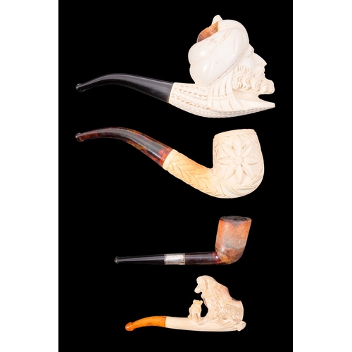 230 - Four Austrian meerschaum pipes, late 19th century; comprising an example with bowl modelled as a Sar... 